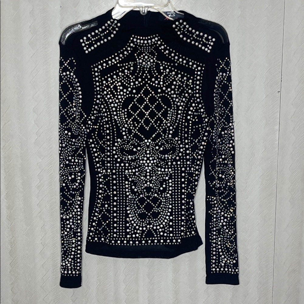 🔥 XTAREN Black Rhinestone and Beaded Top Bling Mess Mock Neck Top Size S - Picture 6 of 9